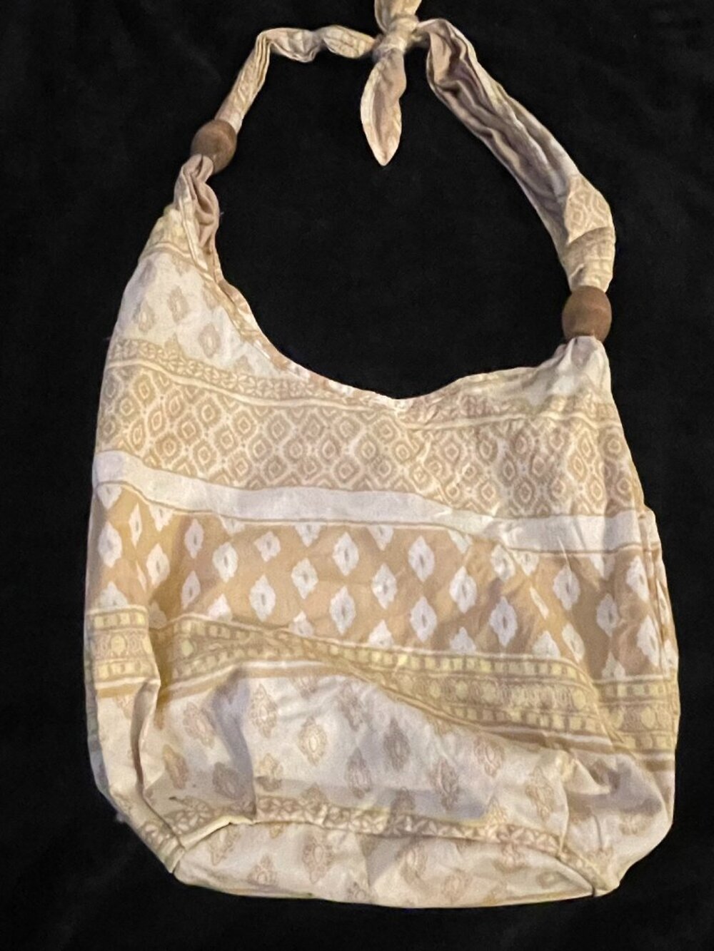 Old Navy Boho Cream Tan Hobo Bag w/ Wood Bead Strap